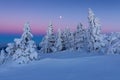 Mountain landscape panoramic view with blue sky Gorgeous winter sunset in mountains, Alps. Colorful outdoor scene, Christmas. Royalty Free Stock Photo