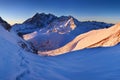 Mountain landscape panoramic view with blue sky Gorgeous winter sunset in mountains, Alps. Colorful outdoor scene, Christmas. Royalty Free Stock Photo