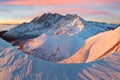 Mountain landscape panoramic view with blue sky Gorgeous winter sunset in Tatra mountains Alps. Colorful outdoor scene, Christmas. Royalty Free Stock Photo