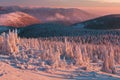 Mountain landscape panoramic view with blue sky Gorgeous winter sunset in Tatra mountains Alps. Colorful outdoor scene, Christmas. Royalty Free Stock Photo