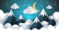 Mountain landscape paper illustration. Cloud, star, moon, sky. Royalty Free Stock Photo