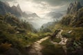 Mountain landscape with a path leading to the misty valley. Generative AI