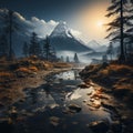 Nighttime Manaslu Landscape With Pine Trees, Lake, And Reflecting River