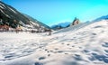 Mountain landscape, picturesque snow footprints in the winter morning panoramic church Royalty Free Stock Photo