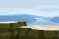 Mountain landscape plateau rock. Rocks hills river fjord sea horizon space parallax panorama. Vector illustration