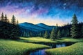 Mountain Landscape with Pond and Stars created with Generative AI