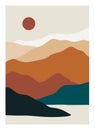 Mountain landscape poster. Abstract nature background, contemporary hills, lake sea moon sun, vector wall art for print Royalty Free Stock Photo