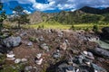 Mountain landscape with pyramids of stones. Altai republic