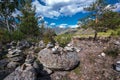 Mountain landscape with pyramids of stones. Altai republic