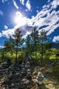 Mountain landscape with pyramids of stones. Altai republic