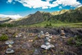 Mountain landscape with pyramids of stones. Altai republic