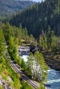Mountain landscape with rail road and shallow river running through Royalty Free Stock Photo