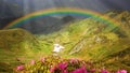 Mountain landscape with a rainbow over flowers Royalty Free Stock Photo