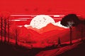 Mountain landscape on a red background. Paper cut style