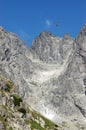 Mountain landscape and red cable car cabin up to Lomnicky Smith