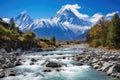 Mountain landscape with river and blue sky in Himalayas, Nepal, Baishui River Baishui Tai or White Water River at Jade Dragon Snow Royalty Free Stock Photo