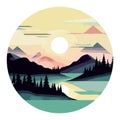 Mountain landscape with a river and coniferous forest at sunset. Drawing in a circle on a white background Royalty Free Stock Photo