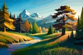 Mountain landscape with river and coniferous forest, vector illustration, generative ai Royalty Free Stock Photo