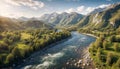 Mountain landscape. Mountain river. Panorama of the river among the mountain forest Royalty Free Stock Photo