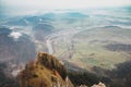 Mountain landscape, river and village below Royalty Free Stock Photo