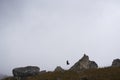 mountain landscape rock stones clouds in the sky grass