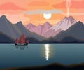 Mountain landscape with sea bay and asian junk boat, sunset, sunrise.