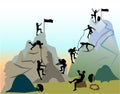 Mountain landscape with silhouettes of climbers