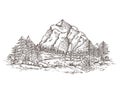 Mountain Landscape Sketch. Nature Doodle Drawing, Valley Panorama. Creative Drawing Hill, Forest And Rocks. Vintage