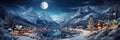 Mountain landscape with ski resort in lights at night, panoramic view of village, snow, sky and moon in winter on Christmas. Theme