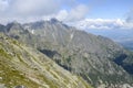 Mountain landscape in Slovakia, rocky mountain valley and climbing rocks with cloudy sky. High Tatras