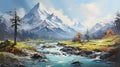 Mountain Landscape with Snow-Capped Peaks, Winding River, and Enchanting Pine Forests Tranquil Beauty and Artistic Acrylic