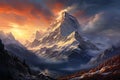 Mountain landscape with snow covered peaks at sunset. 3d render, Stunning painted mountains with a realistic art style, AI Royalty Free Stock Photo