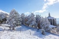Mountain landscape with snow a sunny day and blue sky. winter photo. Snow storm in the mountains. Royalty Free Stock Photo