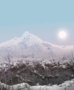 Mountain landscape snow thaw sun of the morning hour of the cool blue color plant in water