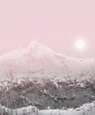 Mountain landscape snow thaw sun morning hour warm pink color plants in the water