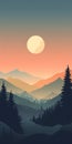 Tranquil Sunset Landscape: Vintage Poster Design With Mountains And Trees