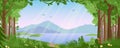 Mountain landscape with summer forest vector illustration, cartoon flat countryside beautiful nature with green trees