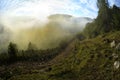 The mountain landscape in summer morning with fog, Romania, Fundatura Ponorului Royalty Free Stock Photo