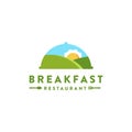 Mountain landscape and sun omelet logo, breakfast restaurant logo icon vector template