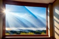 A mountain landscape with sun rays beaming through the clouds, seen through a window, AI generated Royalty Free Stock Photo
