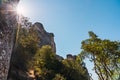 Mountain scenery, forest illuminated by the sunbems and blue sky. Mountain of Montserrat Spain. Mediterranean sight