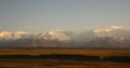 Mountain landscape on a sunny. Snowy peaks, a mountain gorge with green grass and trees. Kyrgyzstan, Tien Shan. Kyrgyz Alatoo moun Royalty Free Stock Photo