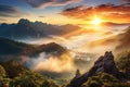 Mountain landscape. Sunrise over the misty valley. Beautiful nature scenery, Sunrise on a mountain landscape view with clouds, AI Royalty Free Stock Photo