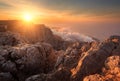Mountain landscape at sunset. Amazing view from mountain peak. E Royalty Free Stock Photo