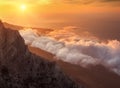 Mountain landscape at sunset. Amazing view from mountain peak. E Royalty Free Stock Photo