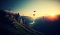 Mountain landscape at sunset with flying butterflies. fantasy landscape