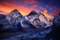 Mountain landscape at sunset. Himalayas, Nepal, Asia, Twilight sky over Mount Everest, Nuptse, Lhotse and Makalu, in the Nepal Royalty Free Stock Photo