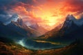 Mountain landscape at sunset. Sunset in the mountains. Panorama, sunrise over the mountains, AI Generated