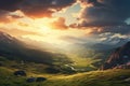 Mountain landscape at sunset. Panoramic view of the mountains and valley, Mountain valley during sundown. Beautiful naural