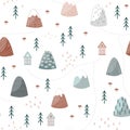 Mountain landscape with trees and houses. Childish cartoon seamless pattern in Scandinavian style. Vector texture. Royalty Free Stock Photo